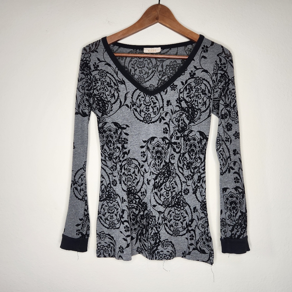 Edge Womens Small Sheer Black Gray Floral V-neck Gothic Top